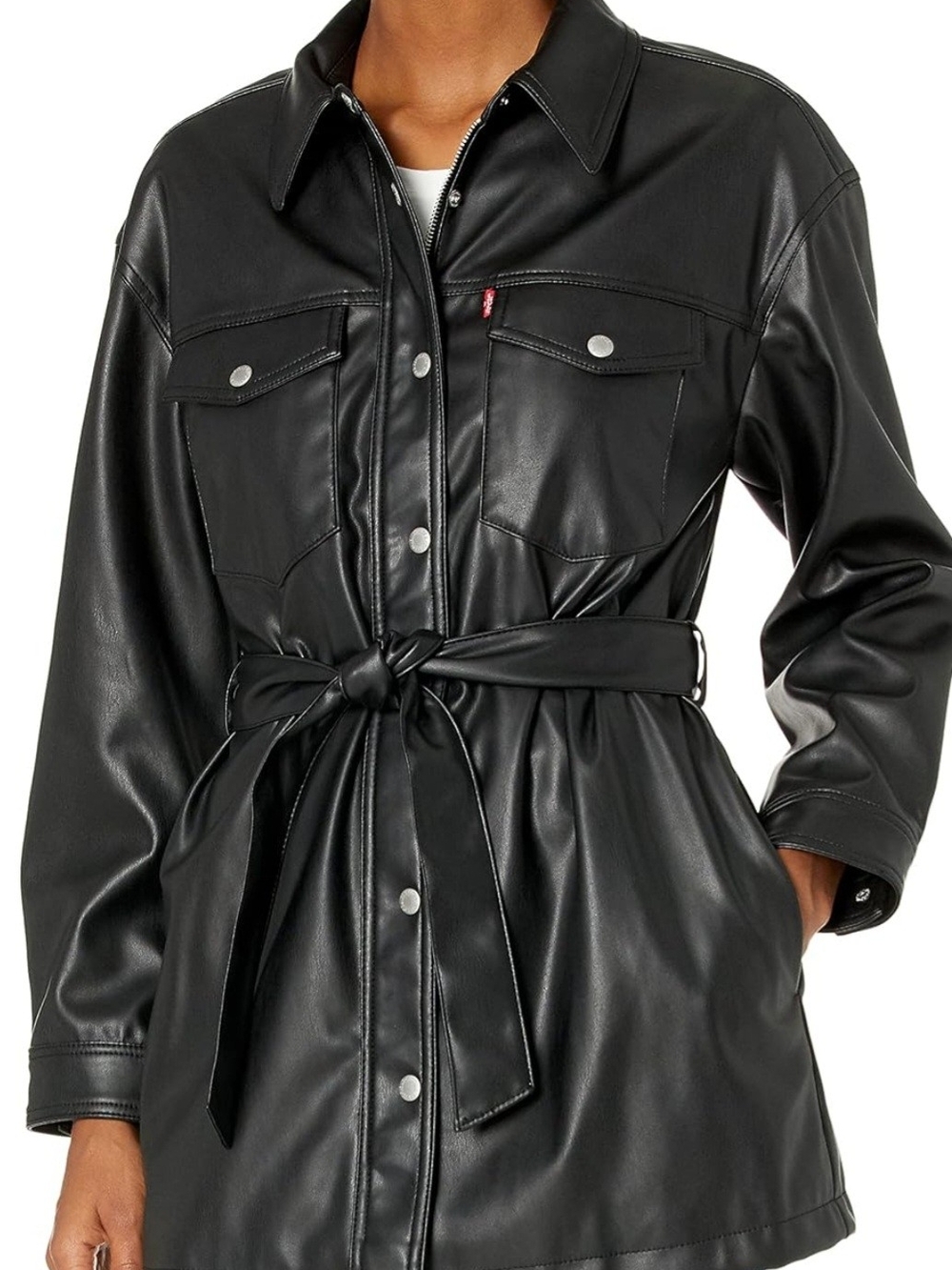 Levi's Black Faux Leather Belted Jacket Size Medium